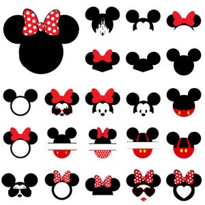 Minnie and Mickey Inspired Head Silhouettes, Bow Clipart, Red Polka Dot Ears, Sublimation Png, Layered svg for Cricut