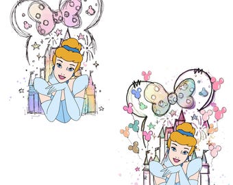 Cinderella with Minnie Ears Bow and Castle Png Set, Fairytale Princess Watercolor Clipart, Instant Digital Download