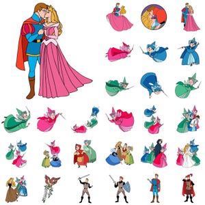 May include: A set of cartoon illustrations depicting characters from a fairy tale. The images include a princess in a pink gown, a prince in blue, and fairies in green, pink, and blue. Other characters include an owl and figures with swords.
