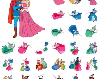 Paquete de imágenes prediseñadas de La Bella Durmiente, Princesa Aurora SVG para Cricut, Hadas Madrinas PNG, Escena de la Espada del Príncipe Felipe, Descarga digital