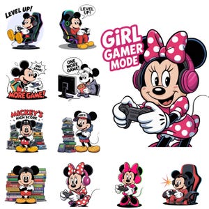 Gamer Minnie Clipart with Controller, Mickey Headset Png for Sublimation, Gaming Couple Mouse Bundle for T-Shirts, Digital Download