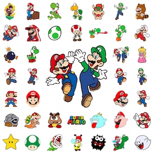 Puede incluir: Una colección de pegatinas de personajes de dibujos animados coloridos con Mario, Luigi, Yoshi y otros personajes de la serie de videojuegos Super Mario. Las pegatinas incluyen varias poses y expresiones.