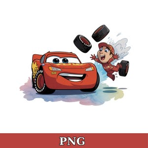 May include: A cartoon illustration of the red race car Lightning McQueen with a smiling face. A person in a red racing suit is jumping with tires flying in the air. The image has a watercolor effect.