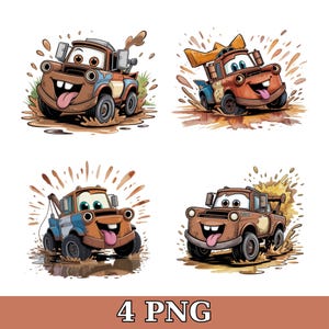 May include: Four PNG images featuring a cartoon tow truck character in various action poses. The truck is brown and blue with a smiling face and tongue sticking out. The images are set against a white background with brown splashes and the text "4 PNG" at the bottom.