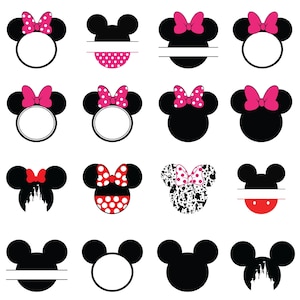 May include: A collection of black mouse head silhouettes with various designs. Some feature pink or red bows, polka dots, or a castle silhouette. Several have a blank space for personalization.