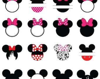 Clipart de orejas de Minnie Mouse, diseños de lazos de castillo para camisetas y manualidades, siluetas de cabeza con lunares rosas y rojos, SVG instantáneo, PNG digital