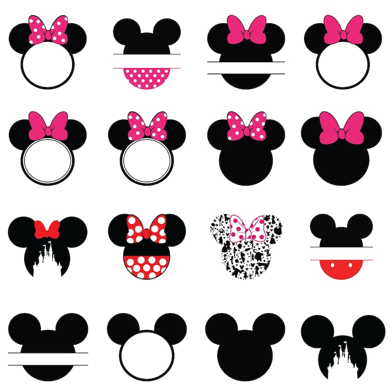 K&ouml;nnte beinhalten: Eine Sammlung schwarzer Maus-Kopf-Silhouetten mit verschiedenen Designs. Einige zeigen rosa oder rote Schleifen, Tupfen oder eine Schloss-Silhouette. Mehrere haben einen leeren Bereich zur Personalisierung.