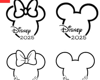2025 Contorno della testa del topo in vacanza in famiglia, PNG, Set di clipart con orecchie abbinate, Linea minimalista per magliette di gruppo e progetti di sublimazione