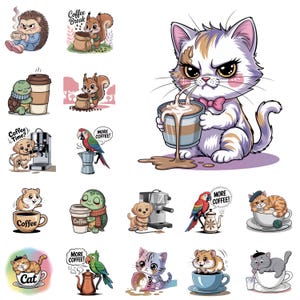 Könnte beinhalten: Eine Sammlung von Cartoon-Illustrationen mit Tieren und Kaffee. Enthält eine Katze, die Kaffee einschenkt, ein Eichhörnchen mit einem Kaffeesack, eine Schildkröte mit einer Kaffeetasse und einen Hund mit einer Kaffeemaschine. Text enthält "Coffee Break" und "More Coffee!"