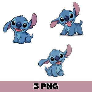 Playful Stitch Png Bundle – Cute Cartoon Alien Clipart Set for Sublimation, T-Shirts, Stickers, Kids Crafts – 3 Digital Png Files