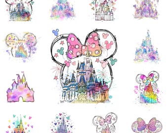 Watercolor Castle Clipart, Pastel Princess Castle, Minnie Bow Castle PNG, Fairytale Theme Park Art, Magical Sublimation, Digital Download