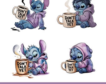 Paquete de imágenes prediseñadas "Stitch Don't Talk Yet" - Conjunto de imágenes prediseñadas "Sleeping Coffee Mood" - Sudadera con capucha "Stitch Morning" - Descarga digital por sublimación