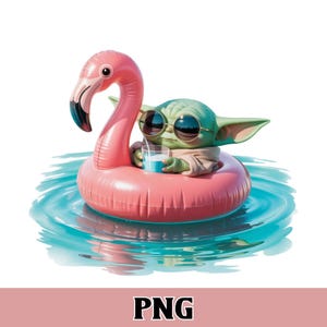 May include: A digital illustration of a green alien character wearing sunglasses, relaxing in a pink flamingo pool float. The character is holding a glass with a blue drink. The image is set against a blue water background. The word "PNG" is at the bottom.