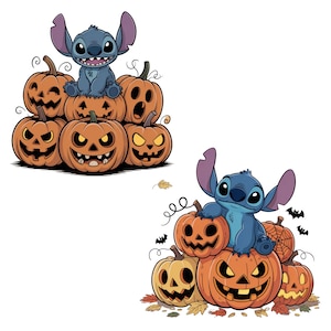 May include: Two illustrations of a blue cartoon character sitting on top of carved orange pumpkins. The pumpkins have various jack-o'-lantern faces. One image shows a stack of pumpkins, the other shows a smaller stack with bats and leaves.