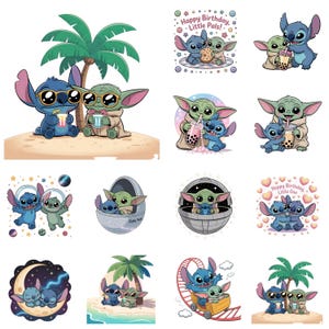 Stitch and Grogu Png Bundle, Cute Beach Birthday Boba Clipart Set, Space Friends Cartoon Art for Shirts Mugs Kids Crafts, Digital Download