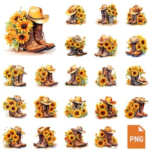 Sunflower Cowboy Boots Clipart, Western Hat Png, Rustic Farmhouse Summer Art, Floral Country Sublimation Bundle, Instant Download