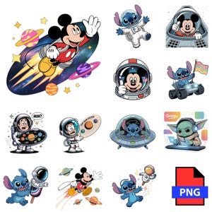 Pode incluir: Uma coleção de adesivos de desenhos animados coloridos com Mickey Mouse, Stitch e Grogu em designs com tema espacial. Mickey Mouse é retratado como um astronauta e voando pelo espaço. Stitch é mostrado em um traje espacial e em um OVNI. Grogu está usando fones de ouvido.