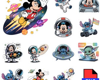 Space Adventure Clipart Bundle, Astronaut Mickey and Stitch, Cosmic Alien Ride, Galactic Png Designs for Crafts and Shirts