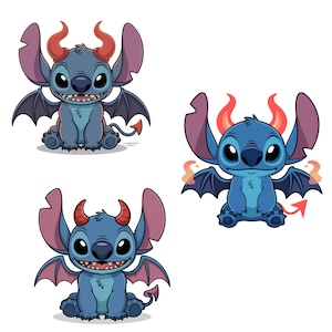 Puede incluir: Tres ilustraciones de dibujos animados de un personaje alienígena azul con rasgos diabólicos. Cada figura tiene cuernos rojos, alas de murciélago y una cola de diablo. El personaje sonríe con dientes afilados, y el diseño general tiene un tema juguetón y travieso.