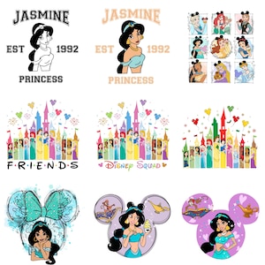 May include: Collection of graphic designs featuring Princess Jasmine from Aladdin. Designs include Jasmine's portrait, the text "Jasmine Princess Est 1992", and other Disney princess-themed graphics. The designs are in various colors and styles.