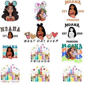 Może przedstawiać: Kolekcja kolorowych grafik z postacią Disneya Moany, z tekstami takimi jak "Moana", "Princess" i "Best Day Ever". Inne projekty obejmują zamek z księżniczkami Disneya oraz słowa "Friends" i "Disney Squad".