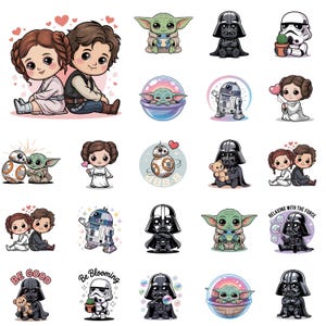 以下が含まれることがあります： 人気SFシリーズのキャラクターをフィーチャーした漫画ステッカーのコレクション。ステッカーには、ダース・ベイダー、ベビーヨーダ、その他の象徴的なキャラクターなど、すべてキュートなちびスタイルで登場します。ハートとバブルも含まれています。
