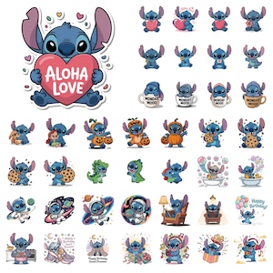 May include: A collection of colorful stickers featuring the character Stitch from Lilo & Stitch. The stickers depict Stitch in various poses, holding hearts, cookies, and wearing costumes. Some stickers include text like "Aloha Love" and "Happy Birthday!"