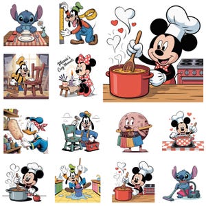 May include: A collection of cartoon illustrations featuring Disney characters in various scenarios. Mickey Mouse cooks in a chef's hat, Goofy measures with a ruler, and Stitch sits at a table. Other characters include Minnie Mouse and Donald Duck.