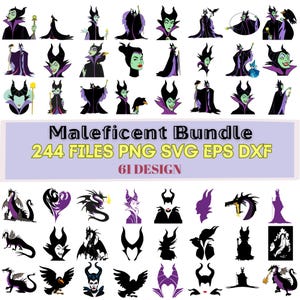 May include: A digital bundle featuring 61 Maleficent designs in PNG, SVG, EPS, and DXF formats. The images showcase various depictions of Maleficent, including silhouettes and dragon illustrations, in black, purple, and green.