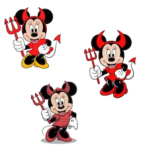 May include: Three cartoon illustrations of a mouse character dressed as a devil. Each mouse wears a red dress, devil horns, and a red trident. The mouse has black ears, a black nose, and white gloves.