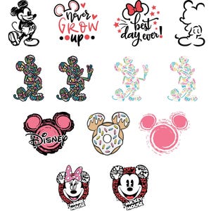 May include: A selection of Mickey and Minnie Mouse-themed graphic designs. The images feature line art, colourful patterns, and text such as "Never Grow Up" and "Best Day Ever!" in various styles and colours, including pink and black.