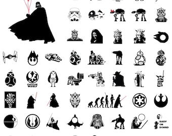 May include: A collection of black and white Star Wars themed graphics. Includes Darth Vader holding red balloons, character silhouettes, and various logos. Perfect for stickers, decals, or crafting projects.