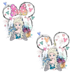 May include: Two illustrations of Elsa from Frozen, each within a Mickey Mouse ear outline. One features a pink bow, the other a cluster of balloons. Both include a castle backdrop, fireworks, and star accents, all in a watercolor style.