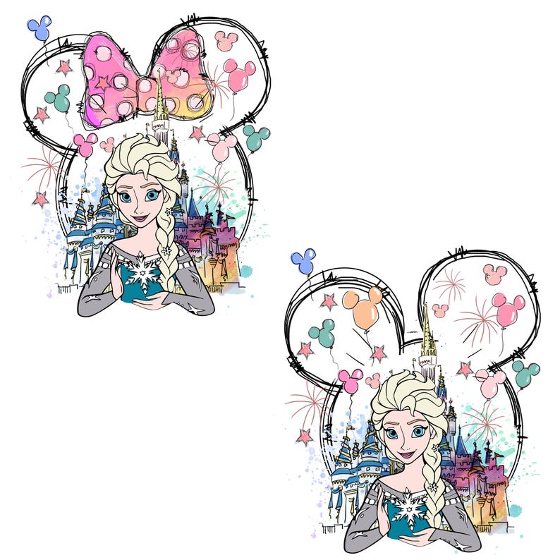 May include: Two illustrations of Elsa from Frozen, each within a Mickey Mouse ear outline. One features a pink bow, the other a cluster of balloons. Both include a castle backdrop, fireworks, and star accents, all in a watercolor style.