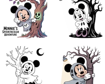 Minnie Fantasma Halloween PNG | Clipart Assustador da Minnie Abraçando uma Árvore | Arte Transparente da Minnie Mouse na Floresta Assombrada para Festas e Decoração