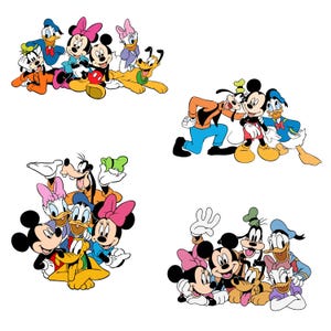 May include: Four images featuring cartoon characters Mickey Mouse, Minnie Mouse, Donald Duck, Daisy Duck, Goofy, and Pluto. The characters are in various poses, with bright colors and distinct designs. The images are on a white background.