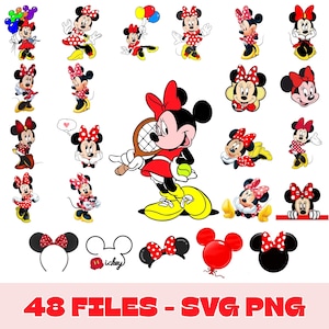 May include: A collection of Minnie Mouse graphics in various poses and styles, including images with tennis rackets, balloons, and bows. The images are in red, black, white, and yellow. Text at the bottom reads "48 FILES - SVG PNG".