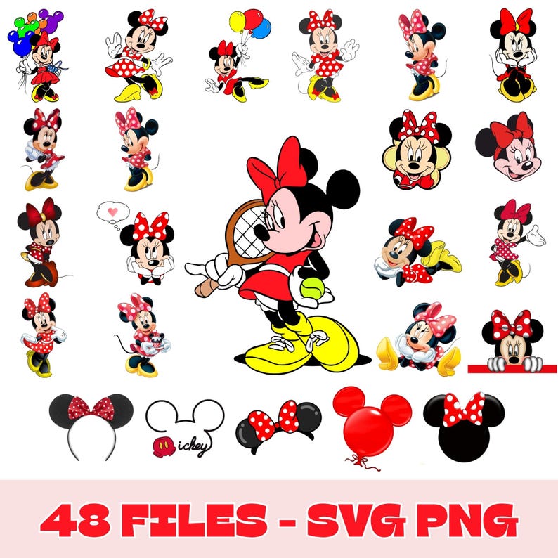 May include: A collection of Minnie Mouse graphics in various poses and styles, including images with tennis rackets, balloons, and bows. The images are in red, black, white, and yellow. Text at the bottom reads "48 FILES - SVG PNG".