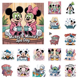 Avkopplande spadag png, Mimmi i morgonrock, Musse Pigg i badkar, Kalle läser, Grogu med te, Stitch ansiktsmask, självvårds clipart, digital fil