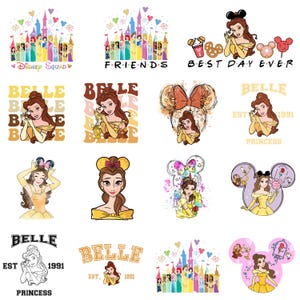 Può includere: Una collezione di grafiche a tema Belle. Le immagini includono Belle in varie pose, con testi come "Disney Squad", "Friends" e "Best Day Ever". I disegni presentano castelli, orecchie di Topolino e la parola "Princess".
