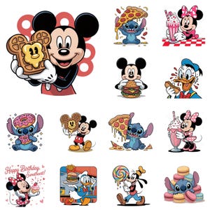 Könnte beinhalten: Eine Sammlung von Illustrationen von Zeichentrickfiguren mit Micky Maus, Stitch, Minnie Maus, Donald Duck und Goofy. Die Charaktere werden mit verschiedenen Lebensmitteln dargestellt, darunter Waffeln, Pizza, Burger, Donuts und Milchshakes. Der Satz "Happy Birthday, Sweetheart!" ist ebenfalls vorhanden.