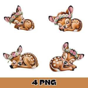 Baby Bambi Png Bundle – Sleeping Deer with Floral Crown Clipart – Cute Woodland Nursery Animal Art for Kids – Digital Download
