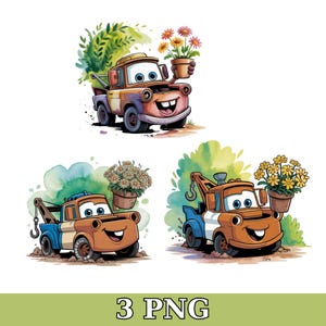 Puede incluir: Tres ilustraciones de dibujos animados de una grúa sonriente sosteniendo flores en macetas. Las grúas son de tonos marrones, azules y naranjas, con ojos grandes y sonrisas dentudas. El fondo presenta follaje verde y salpicaduras de estilo acuarela.