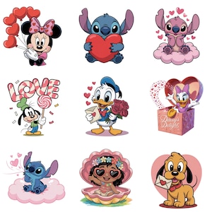 May include: Nine cartoon images featuring Disney characters. Minnie Mouse holds heart balloons, Stitch holds a heart, and Goofy holds a lollipop with the word "LOVE". Donald Duck holds flowers and a letter. Other characters include Daisy Duck, Lilo, and Pluto.