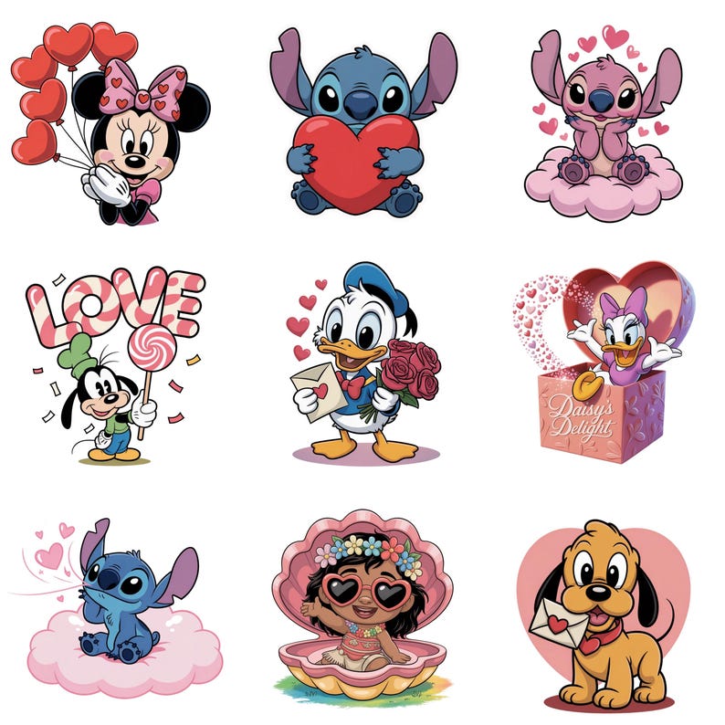 May include: Nine cartoon images featuring Disney characters. Minnie Mouse holds heart balloons, Stitch holds a heart, and Goofy holds a lollipop with the word "LOVE". Donald Duck holds flowers and a letter. Other characters include Daisy Duck, Lilo, and Pluto.
