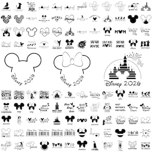 May include: A collection of black and white Disney-themed designs. Includes Mickey Mouse silhouettes, castle illustrations, and text such as "Disney 2026", "Minnie", and various family-related phrases. Ideal for crafting or apparel.