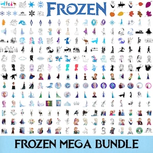 May include: A collection of various Frozen-themed graphics and illustrations. The image includes characters, snowflakes, and the word "FROZEN" in blue. The text "FROZEN MEGA BUNDLE" is at the bottom. The graphics are in various colors and styles.
