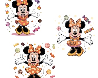 Minnie Halloween Godis Png – Orange Klänning Minnie med Klubbor och Pumpor – Söt Bus eller Treat Clipart för Barnpyssel, Digitalt Användning