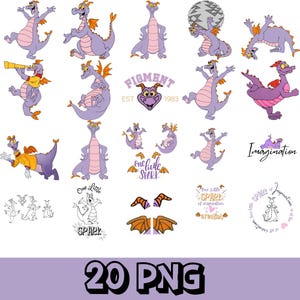 May include: A collection of 20 PNG images featuring the purple dragon Figment from the Epcot attraction. The images include various poses of Figment, along with text that says "Figment", "One Little Spark", and "Imagination".