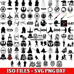 Könnte beinhalten: Eine Sammlung von 150 schwarz-weißen Star Wars-Dateien im SVG-, PNG- und DXF-Format. Das Bild zeigt verschiedene Charaktere, Logos und Symbole aus dem Star Wars-Universum, wie Yoda, Darth Vader und das Symbol der Rebellenallianz.